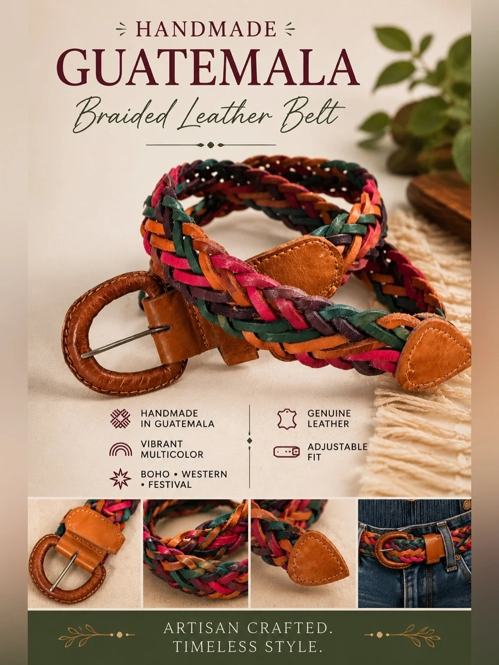 Handmade Guatemala Genuine Leather Braided Multicolor Belt Boho Western 43”
